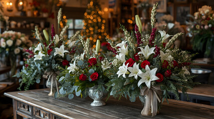 Elegant Christmas Floral Arrangements Featuring Red Roses, White Lilies, and Festive Greenery with Bokeh Lights in a Cozy Flower Shop Setting