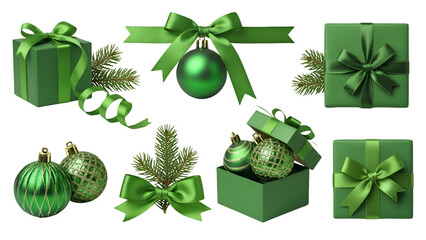 Collection of green christmas gifts and ornaments
