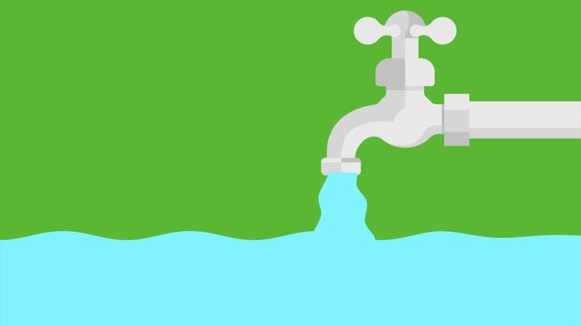 Motion Graphics Water Tap Animation with Flowing Water on Green Background for Water Conservation and Plumbing Service Concept