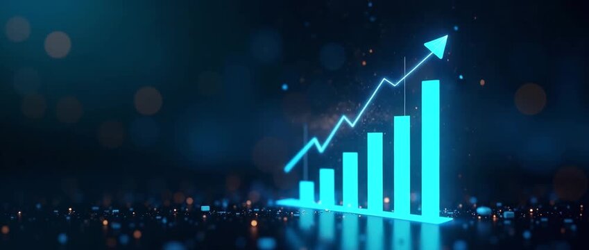 Photo realistic as Bar graph icon with copy space on a tech themed background concept as A vector image of a bar graph icon with generous copy space on a tech themed background ideal for business anal