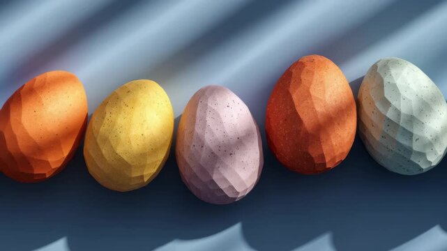 A row of modern, faceted Easter eggs in pastel colors under a strong light. A stylish holiday concept. Ideal for minimalist greetings, contemporary marketing, or as an abstract background.