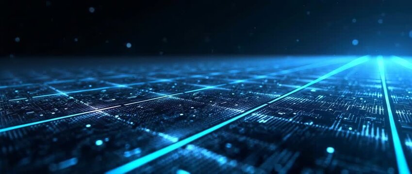 Futuristic digital grid pulses with blue neon light, as camera pans slowly over a high-tech circuit board; particles drift gently, creating a cinematic, immersive technology landscape.