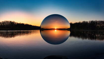 Reflective Sphere Capturing Sunset Reflection Over Calm Lake Water Surface