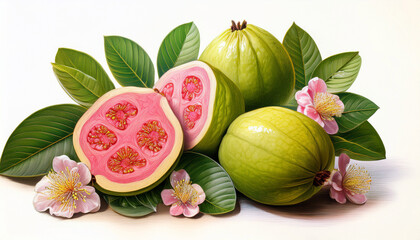 Guava Grove Vibrant Botanical Illustration Of Blossoms And Fruits Perfect For Educational Materials And Nature Enthusiasts