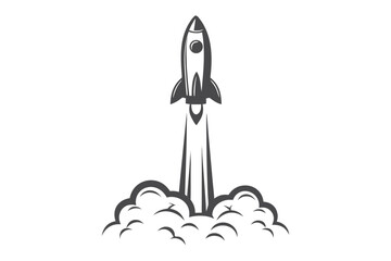 Rocket launching upward with smoke, showing speed and progress in grayscale format