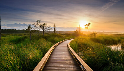 Wooden Boardwalk Winding Through A Lush Green Marsh At Sunrise