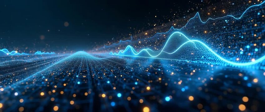 Dynamic waves of glowing data streams undulate over a digital landscape, captured in a cinematic slow pan, with particles shimmering softly, ideal for technology and innovation themes.