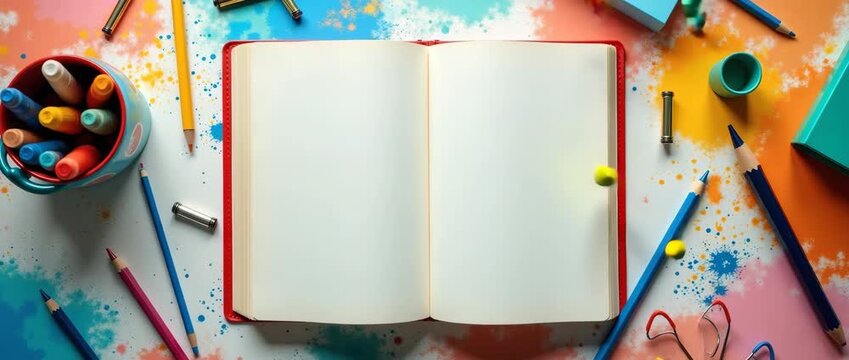 Photo realistic as Book and Art Supplies concept as A book surrounded by art supplies set against a whimsical background offering ample space for text or graphics symbolizing the integration of academ