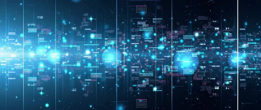 Futuristic digital data stream flows in a cinematic space, with dynamic code elements in motion; the camera pans slowly across a vibrant, immersive cyber landscape.