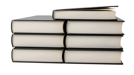 Stack of hardcover books with white pages and black covers