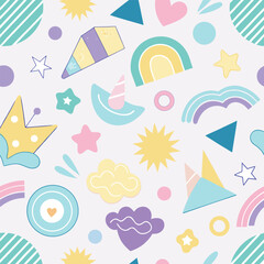 Fototapeta premium Flat seamless pastel kids pattern, playful shapes vector illustration