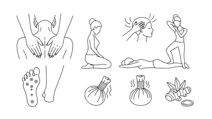 Wellness and Spa Line Icons or Holistic Therapy Illustrations