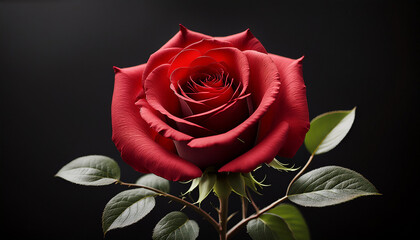 Single Red Rose On Black Background Beautiful Flower Stem Leaves Nature Photography