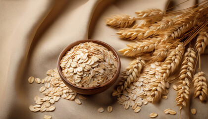 Rolled Oats On A Beige Fabric Background