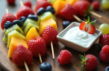 Assortment of fresh cut fruits including strawberries, blueberries, kiwi, melon, mango and grapes on skewers with a creamy yogurt dip. Colorful healthy snack arranged on wooden board.