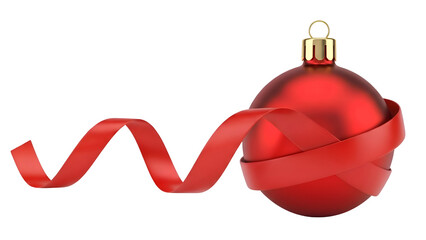 Beautiful red christmas ball with ribbon isolated on white background