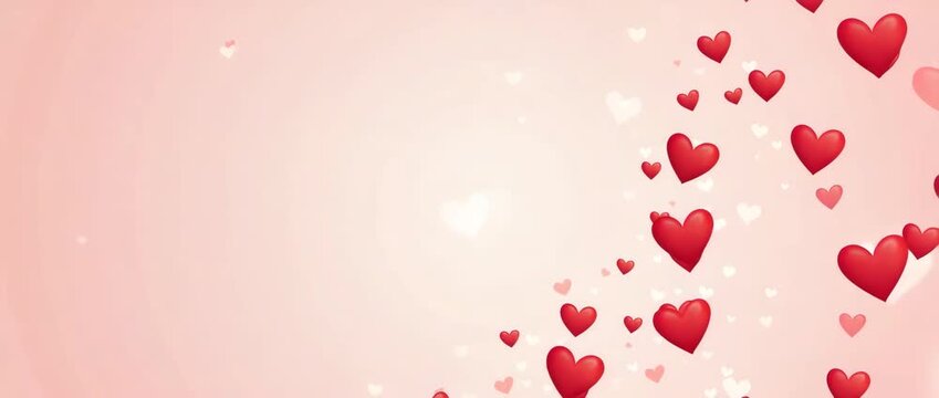 Floating red hearts gently drift upward against a soft pink background, with a slow camera pan capturing their romantic, dreamy motion; ideal for love-themed stock footage.