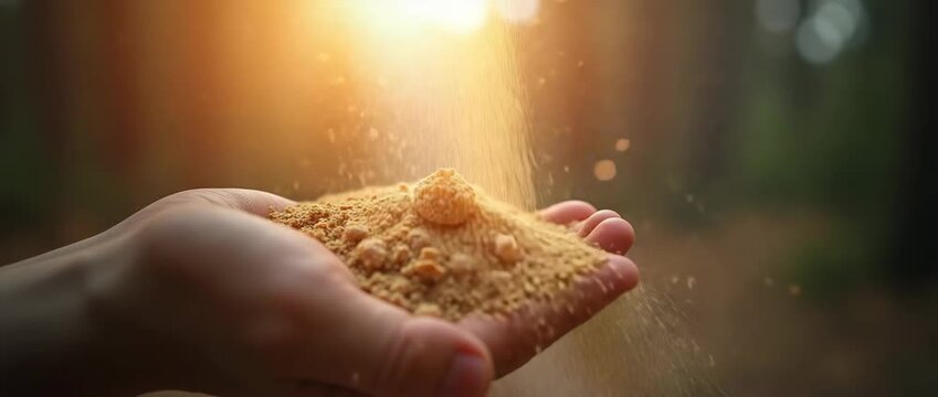 Hands gently release golden sand particles in slow motion as the camera pans across a sunlit forest, capturing the serene, cinematic dance of nature's light and texture.