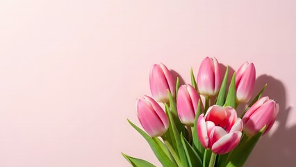 Fototapeta premium Bouquet of pink tulips with green leaves on a pink background flowers floral