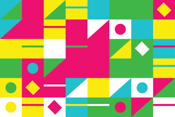 Vibrant geometric shapes in bright colors and various forms