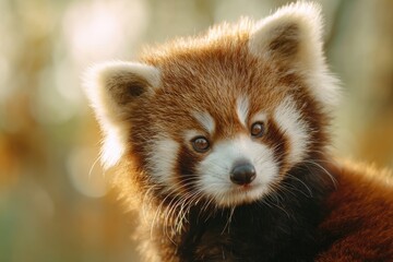 cute red panda cub sitting, soft daylight, blurred background, fluffy fur texture, calm mood