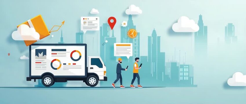 Futuristic animation of a delivery truck driving through a digital cityscape, with couriers walking alongside, while icons float around; dynamic camera tracking and ambient city lights flicker.