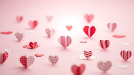 Red and white paper hearts on pink background