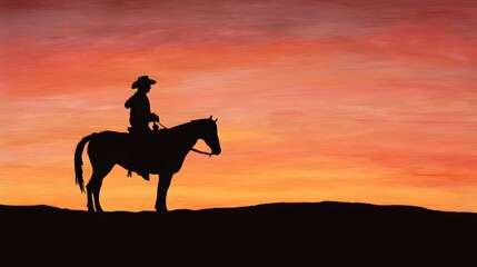 Cowboy Silhouette Riding Horse Desert Sunset Serene Dusk Watercolor Art Print Stock Photo