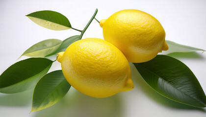 Two Lemons With Vibrant Yellow Skins Are Displayed On A Green Leafy Branch