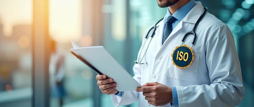 Photo realistic as Food Safety Consultant with ISO Badge and Compliance Report concept as A food safety consultant holding an ISO badge and a compliance report set against a dreamy background offering