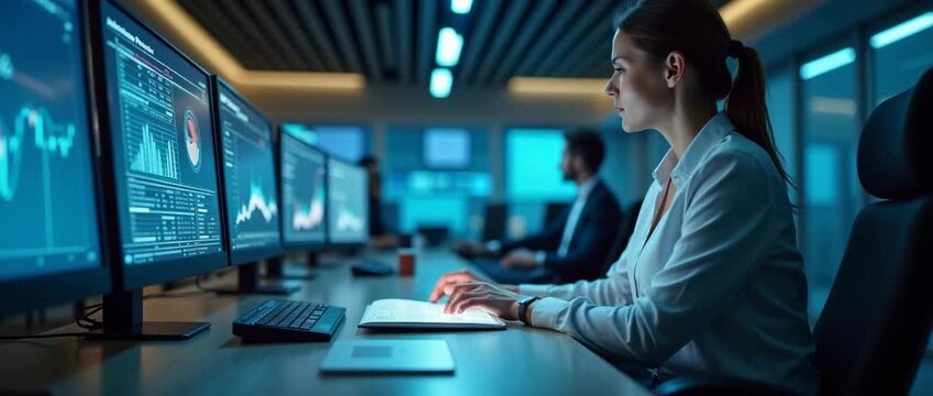 Professional woman analyzing data on multiple monitors in a modern office, with screens glowing softly; camera gradually pans across the scene capturing ambient motion, in a cinematic style.