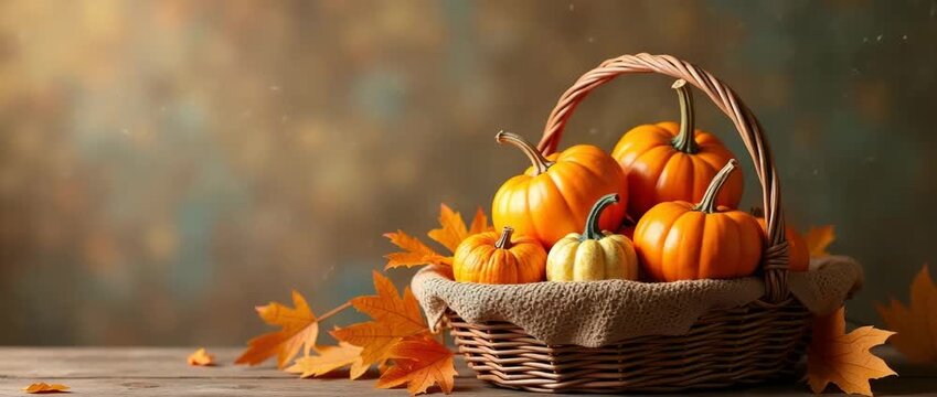 Photo realistic as Fall harvest basket with pumpkins and squash with copy space. concept as A basket filled with pumpkins and squash symbolizing the fall harvest for Thanksgiving with plenty of blank 