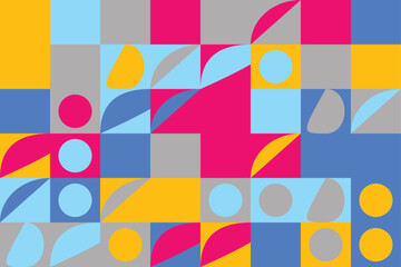 Vibrant geometric shapes in pink, blue, yellow, and gray colors