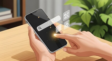 Illustration of person using finger to tap search bar on smartphone screen with floating digital icons representing various online services or applications in a modern setting