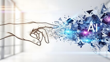 Abstract human hand connecting with a luminous digital explosion representing artificial intelligence, technology, and future innovation in a modern, dynamic concept