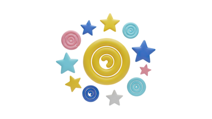 3D Collection of 3D stars and swirls in pastel colors on transparent background