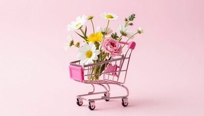 Valentine's day online shopping bright floral arrangements in a mini shopping cart on a soft pink background for romantic gifting ideas