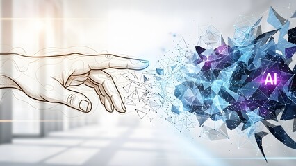 Digital illustration portraying the symbolic touch between a human hand and an evolving artificial intelligence concept, representing the future of technology and innovation