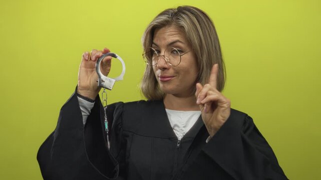 Blonde woman wearing glasses holding handcuffs points finger in studio; justice authority confidence.