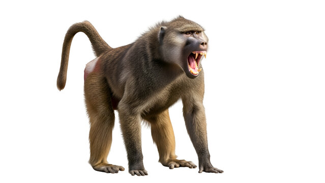 Aggressive baboon standing on white background