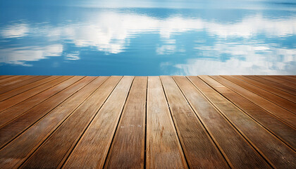 Wooden Planks Reflected On Water Sky Backdrop Abstract Stilllife