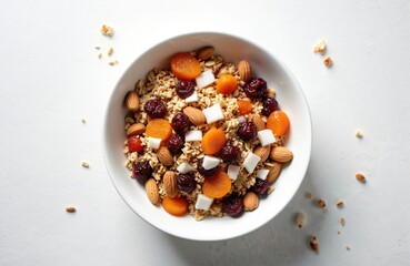 Bowl of granola with almonds, dried apricots, cherries, and coconut cubes. Cereal mix with oats, nuts, seeds poured with milk. Healthy breakfast.