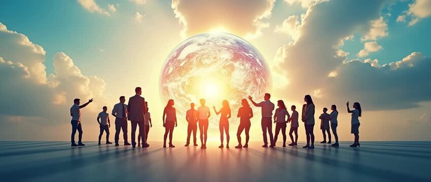 Silhouetted group discusses against a vibrant sunset, with gentle ambient cloud motion and a slow camera pan, creating a cinematic and inspiring vision of unity and collaboration.