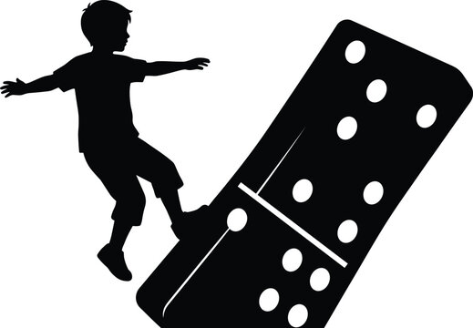 Child silhouette balancing on falling domino, cause and effect concept, consequences of actions, risk and responsibility, critical thinking, childhood learning, black and white illustration