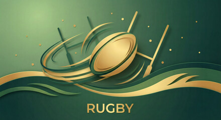 Golden rugby ball with swirling gold lines and green background design