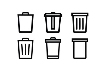 Six simple black outline trash can icons sit on white