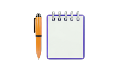 3D Orange pen and blank notepad with purple border and silver rings on transparent background