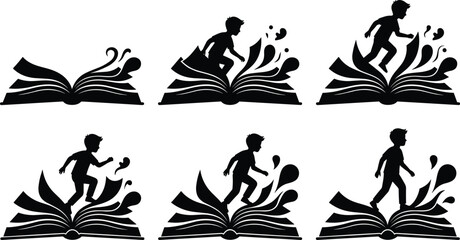 Child silhouette emerging from open book sequence symbolizing imagination, reading journey, storytelling, learning process, creativity, and childhood development concept