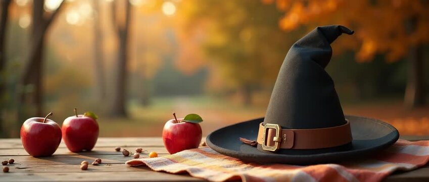 Autumnal scene with apples gently swaying on a wooden table alongside a witch's hat; camera slowly pans across, capturing the warm, cinematic glow of a tranquil fall forest.