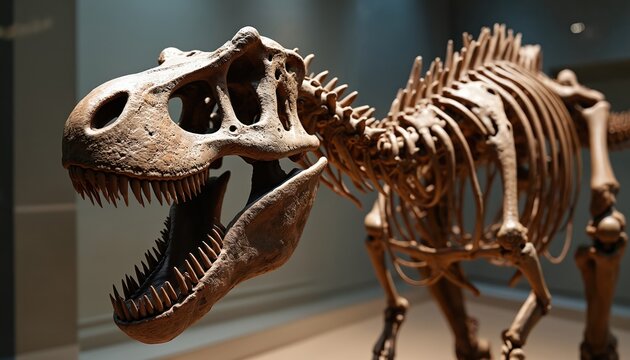 Tyrannosaurus Rex skeleton indoors at museum show. Ancient fossil bones, full dinosaur skeleton in display case. Prehistoric animal specimen for science education.
